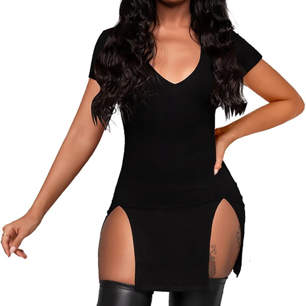 Women's Bodycon Mini Dress Short Sleeve Split Side V Neck Casual Stylish